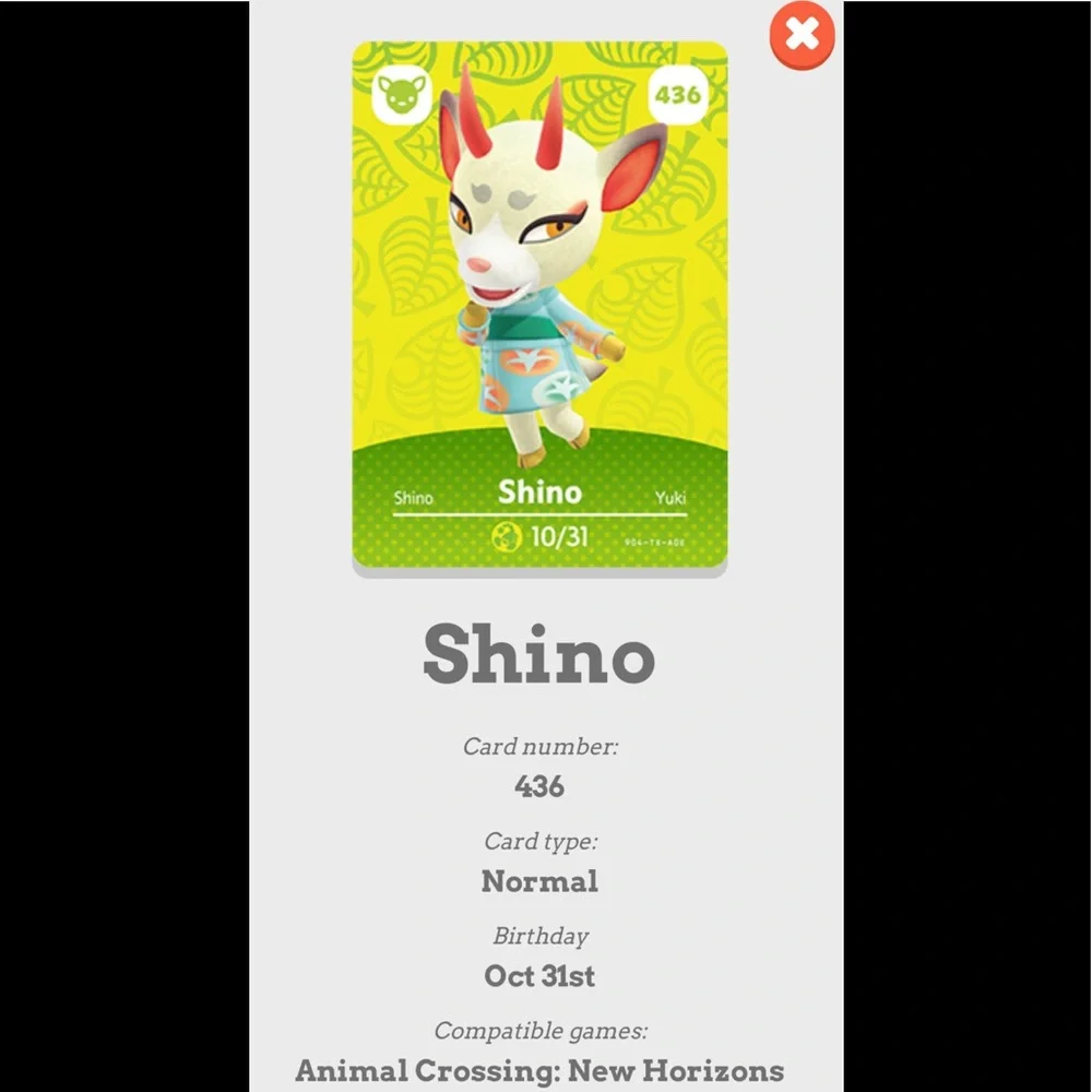 Animal Crossing #436 Shino Amiibo Card